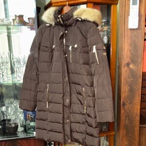MICHAEL Michael Kors Dark Brown Puffer Jacket with Fur Hood